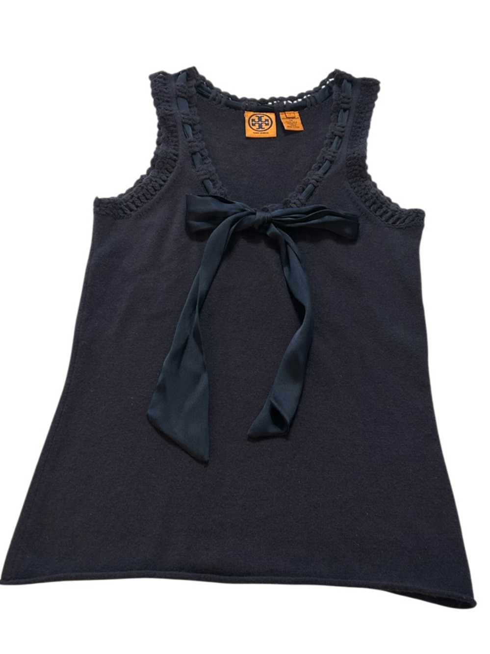 VTG Tory Burch Cashmere Navy Blue Knit Tank Top w/ Silk Ribbon Bow Women’s Sz S
